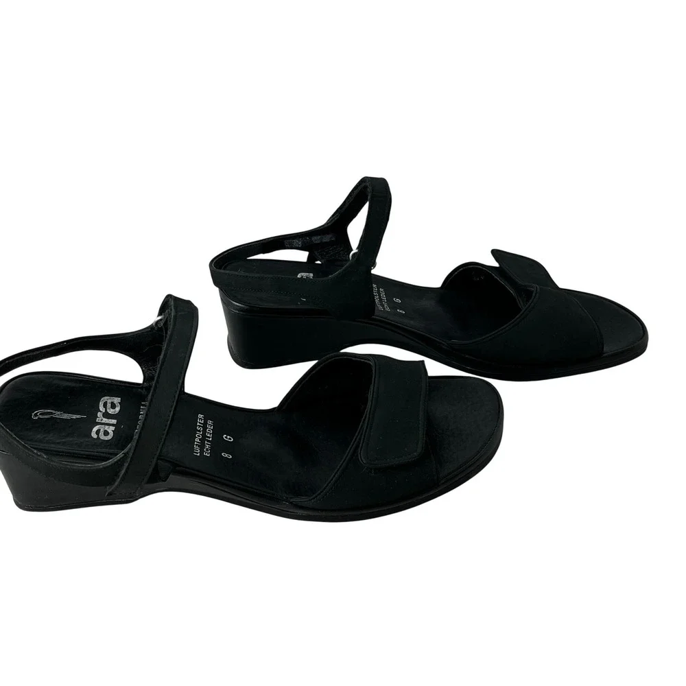 Ara California Women's 8 G Black‎ Leather Comfort Sandals Hook Loop Wedge